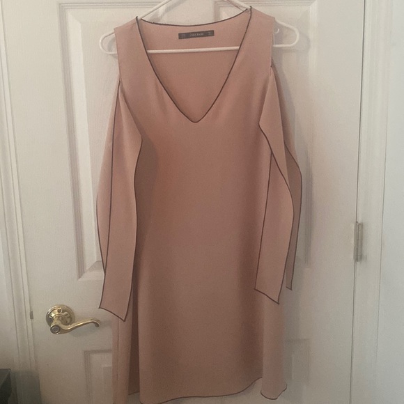 Zara Dresses & Skirts - Zara pink dress with black trim sleeveless with scarf like sleeves V neck.M poly